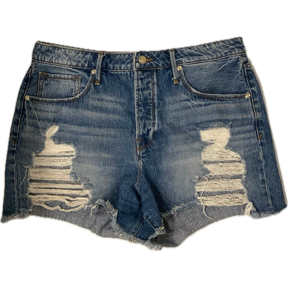 Good American Distressed Blue Denim Cutoff Shorts